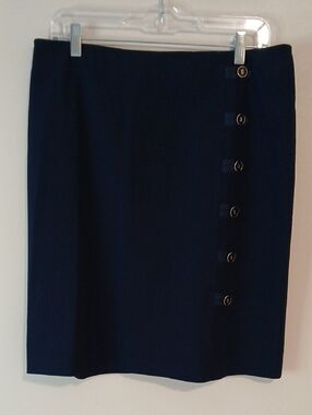 J Mcloughlin Classic Navy Pencil Skirt with Side Button Trim